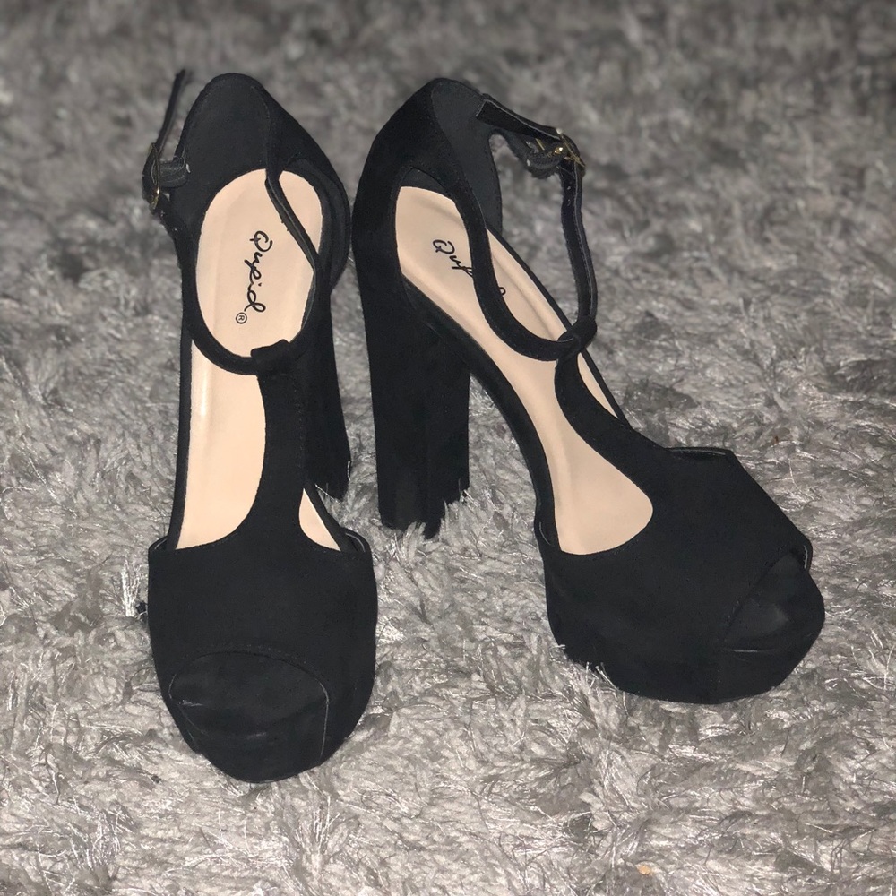 Qupid Black Heeled Ankle Strap Open Toed Sandal